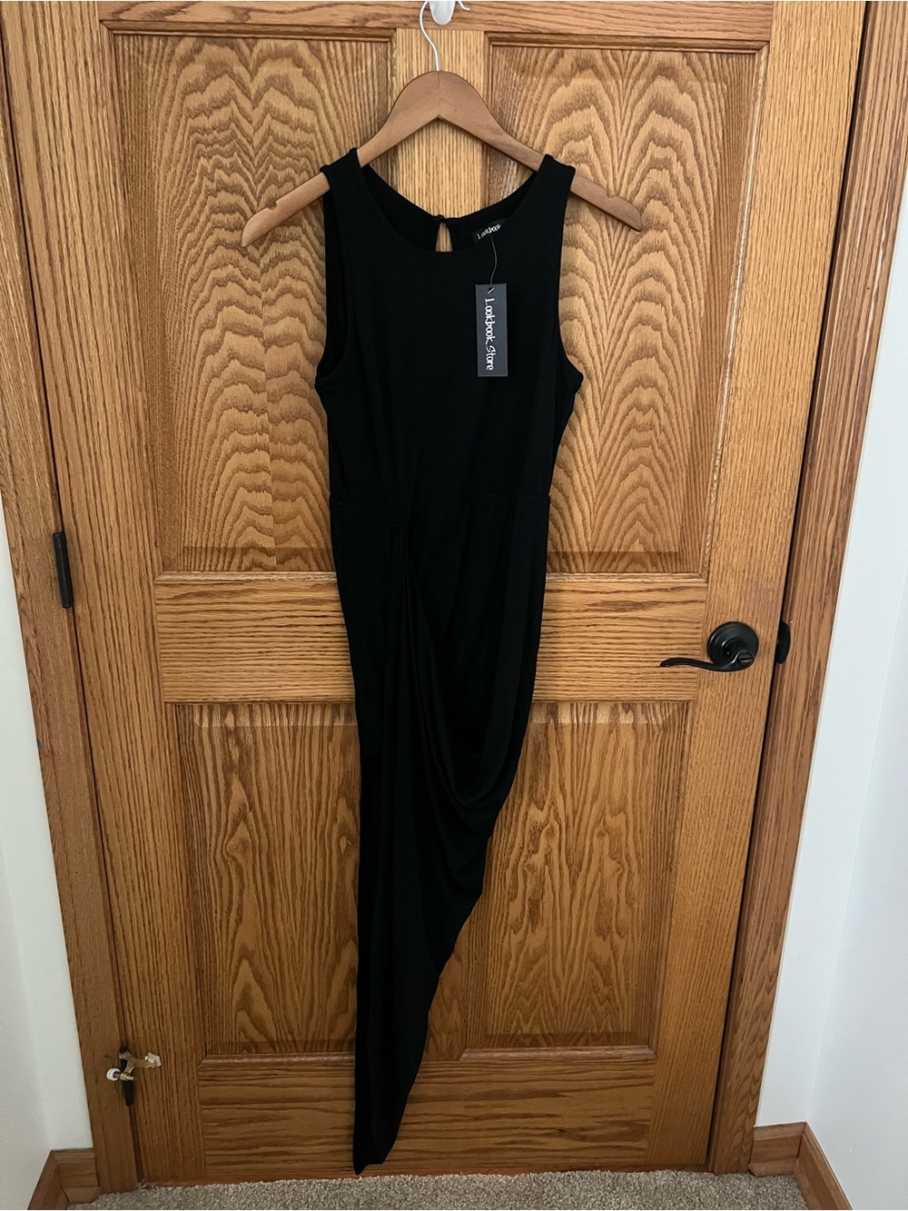 Lulu's Black Asymmetrical Drape Midi Dress